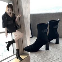 毛線中筒靴子女2021秋季新款韓版套腳高跟網布針織襪子高跟時裝靴
