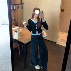 乌77少女风拼接假两件V领长袖t恤女韩系修身显瘦减龄别致上衣冬季