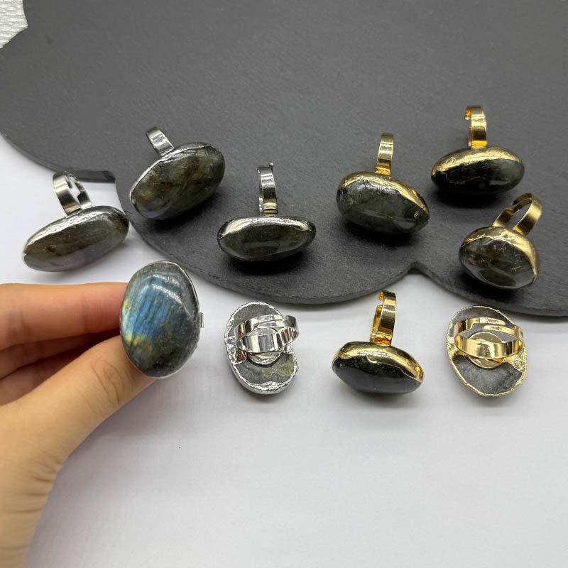 Natural Stone Crystal Raw Stone Ring Vintage Labradorite Versatile Open Ring Cross-Border Jewelry