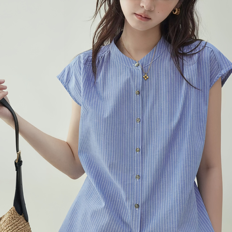 "Beidao Amu" Blue Striped Back-Tie Flutter Sleeve Shirt for Women, New Summer Style Loose Button-Up Top "Beidao Amu" Blue Striped Back-Tie Flutter Sleeve Shirt for Women, New Summer Style Loose Button-Up Top