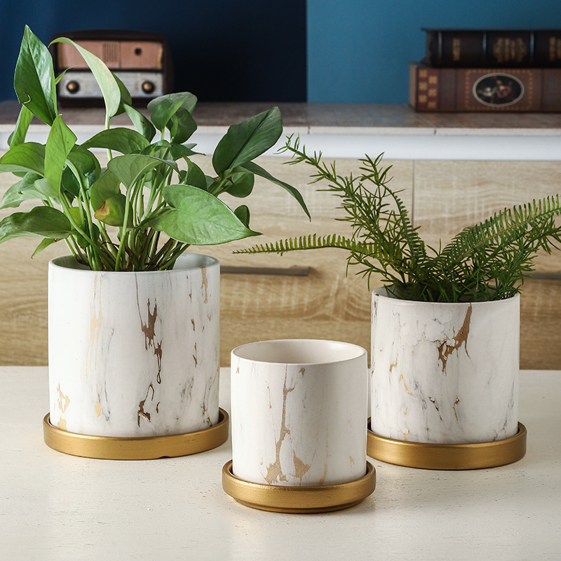Ceramic Marble Gold Pattern Cylindrical Flower Pot Fleshy Flowers Green Aroma Pot Distinctive Nordic ins Style with Tray Ceramic Marble Gold Pattern Cylindrical Flower Pot Fleshy Flowers Green Aroma Pot Distinctive Nordic ins Style with Tray
