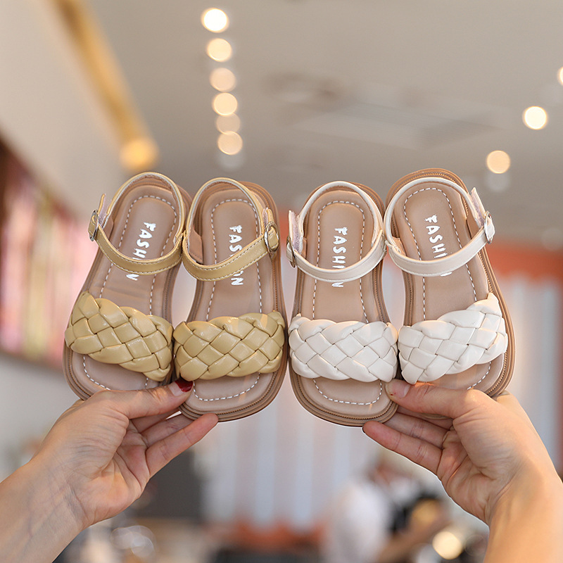 2024 Summer New Girls Sandals Korean Style Fashion Woven Children's Shoes Soft Sole Open Toe Princess Shoes
