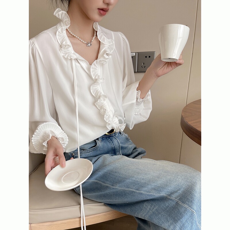 Spring 2025 New Style Simple Elegant Fashion Shirt French Style Ladies White Lace Long Sleeve Shirt for Women