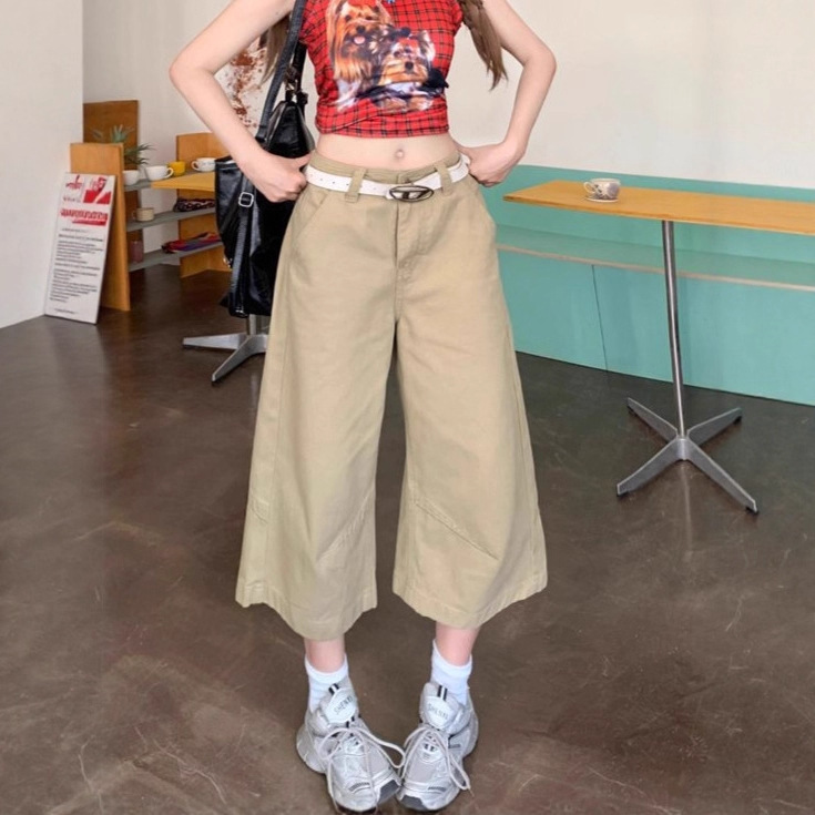 Khaki Cropped Jeans for Women, Summer Thin Style, Petite High-Waisted, Slimming, Drapey, Loose Straight-Leg Cargo Wide-Leg Pants