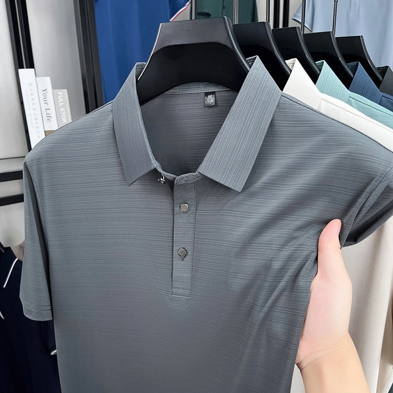 中年男性向け半袖Tシャツ、カジュアル無地ポロシャツ、夏用ラペルアイスシルク通気性半袖トップス、ドロップシッピング|undefined
