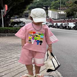 跨境爆款节奏盒子儿童夏季短袖套装中大童卡通男孩酷衣服短袖套装