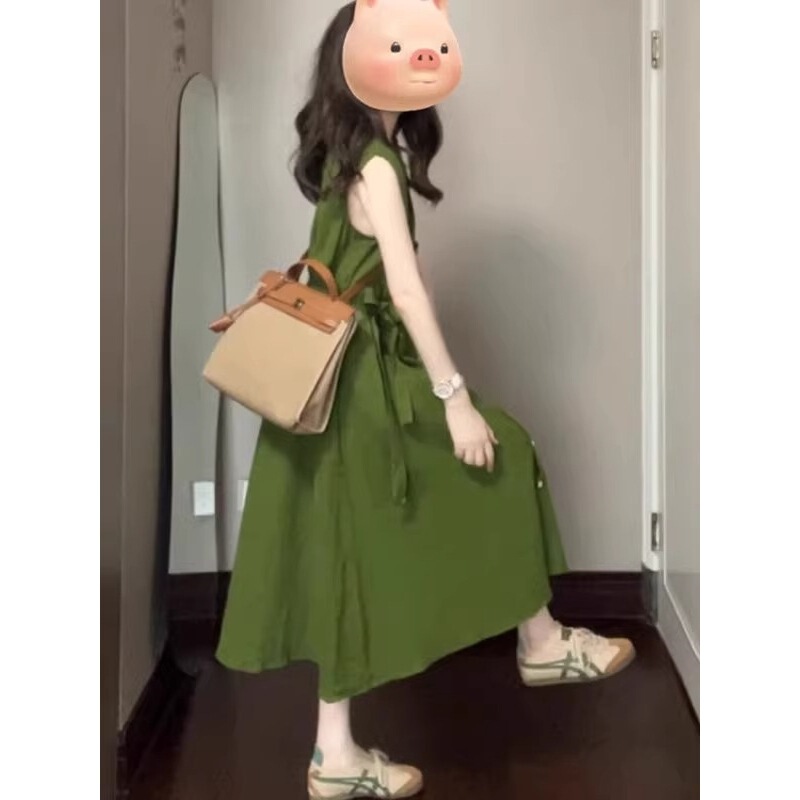 Retro Artistic Green Shirt Sleeveless Dress for Women, Simple Casual Summer Comfortable Relaxed Atmosphere Long Dress