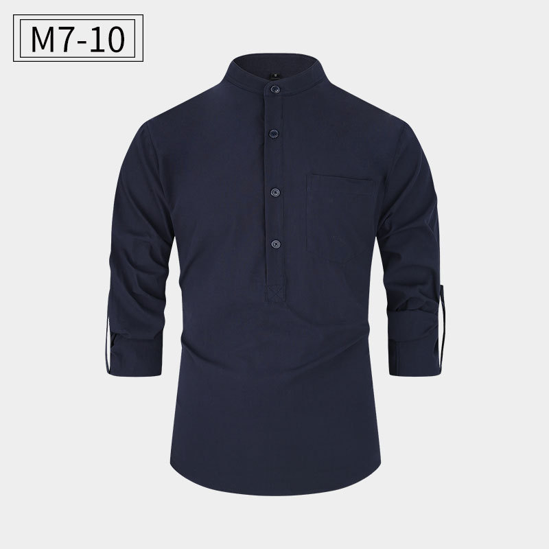 Amazon tamaño europeo camisa de los hombres algodón Henley camisa soporte collar camisa Lino los hombres manga larga fábrica directa en stock camisa