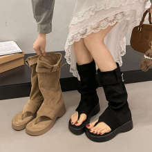 西部牛仔堆堆靴夹脚凉靴女款短靴潮2025新款厚底增高美拉德夹趾靴