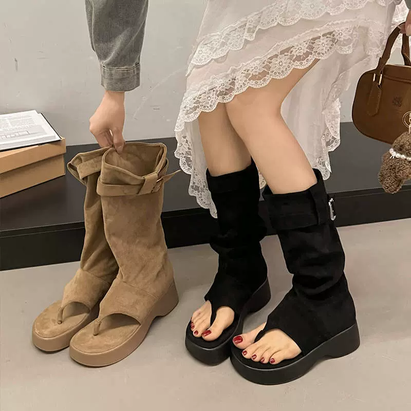 西部牛仔堆堆靴夹脚凉靴女款短靴潮2025新款厚底增高美拉德夹趾靴