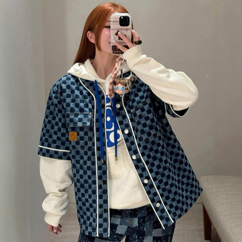 High-Quality Original Label Embroidered Checkerboard Pattern Vintage Short-Sleeve Denim Shirt Jacket for Men and Women