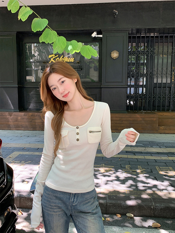 纯欲辣妹风拼接口袋长袖t恤女2025秋季新款修身显瘦内搭绝美上衣|undefined