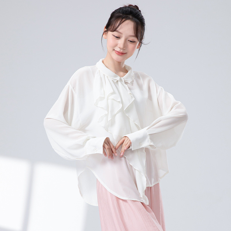 女性用モダンダンス服、新しいパールシフォンラペル長袖シャツ、日焼け止めシャツ、エレガントな練習服|undefined