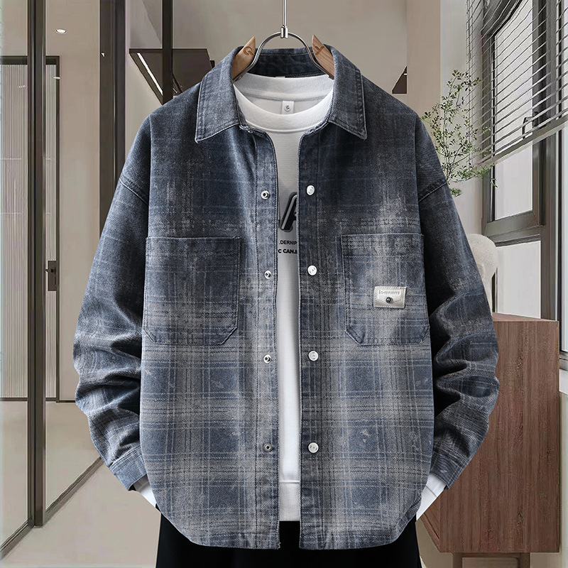 New autumn style youth men's clothing: plaid shirt, denim jacket, stylish and versatile, Hong Kong style, loose fit, student wear New autumn style youth men's clothing: plaid shirt, denim jacket, stylish and versatile, Hong Kong style, loose fit, student wear