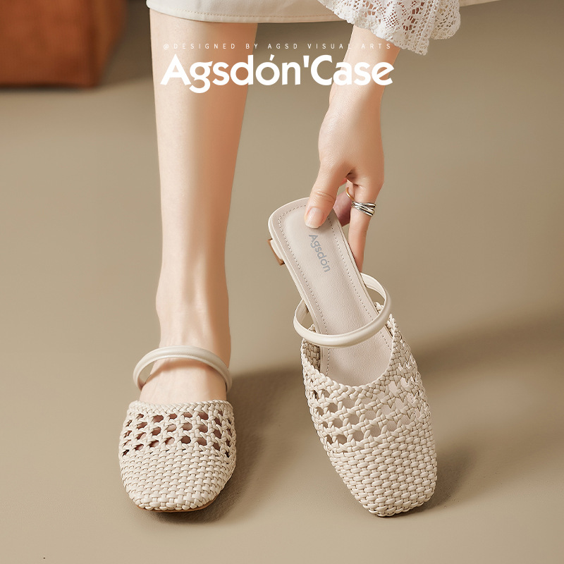 Augustian Deng Baotou pantuflas mujeres 2025 nuevo estilo de verano sandalias de jaula de cerdo tejidas con falda zapatillas de tacón grueso