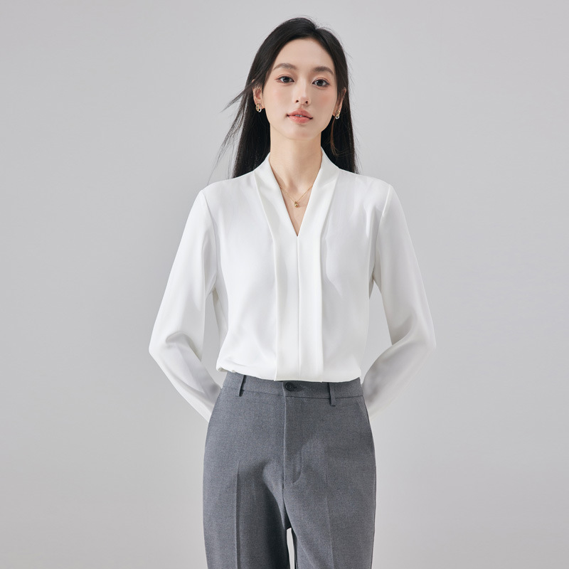 V Neck White Shirt Women's Long-Sleeved Spring and Autum Suit with Pullover Interview Wear Professional Shirt Formal Work Clothes