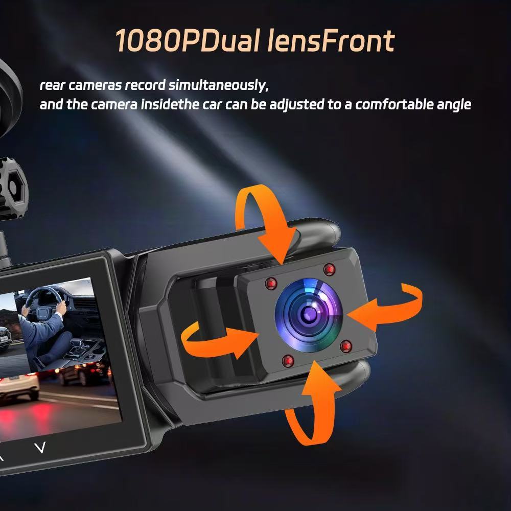 Three-lens dashcam for ride-sharing services with WiFi connectivity, infrared night vision, wide-angle, and in-car synchronized recording