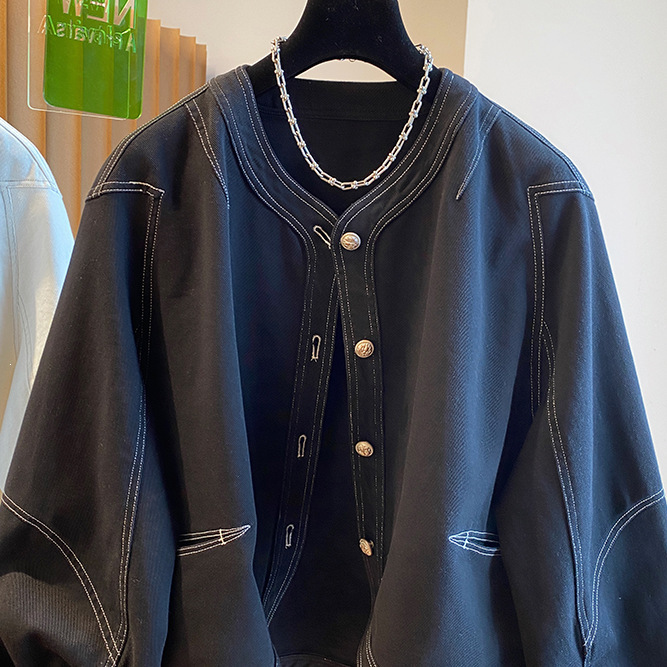 High-end black denim jacket for women, spring/autumn 2026 new collection, loose fit, casual style, collarless, thin jacket