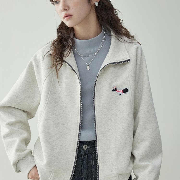 刺绣卫衣女拉链薄款外套秋秋季新款韩版宽松立领开衫休闲短款上衣