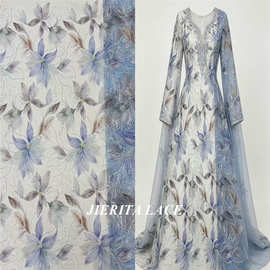 汉服盘花布料立体花朵刺绣网纱面料亮片珠绣礼服布料天蓝色小清新