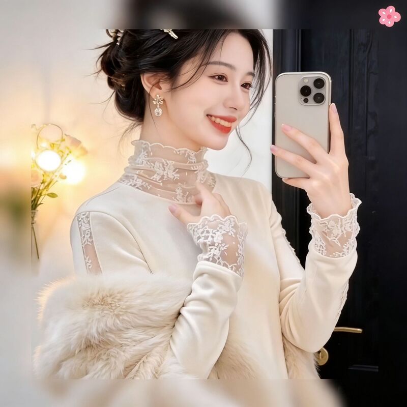 Popular Style Brushed Fabric Patchwork Mesh Lace Base Shirt for Women, Long-Sleeve Stylish Pure Desire Style Slim-Fit Top for Women