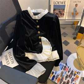 小香风拼接开衫金丝绒打底衫女新款撞色荷叶边小个子衬衫上衣