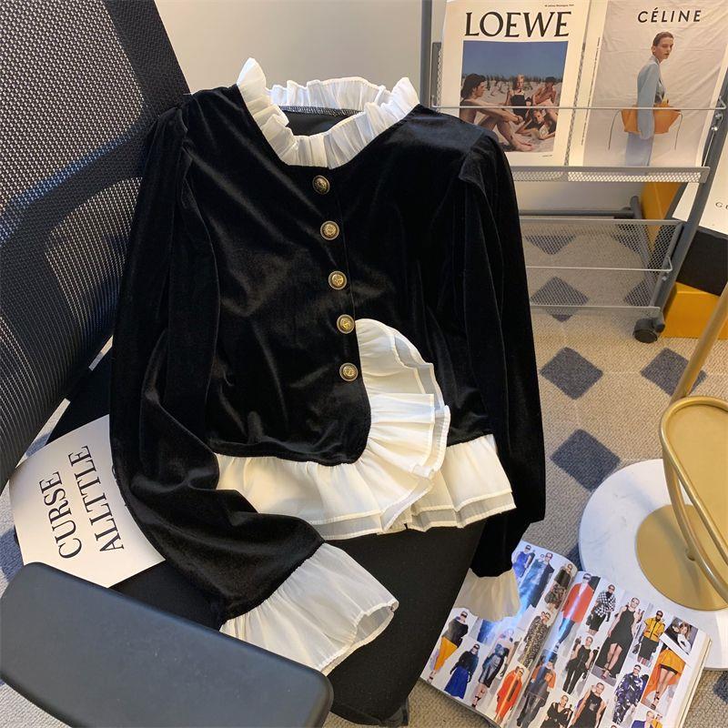 Chanel-Style Patchwork Cardigan with Gold Velvet Base Shirt for Women, New Color-Blocking Ruffled Petite Blouse Top