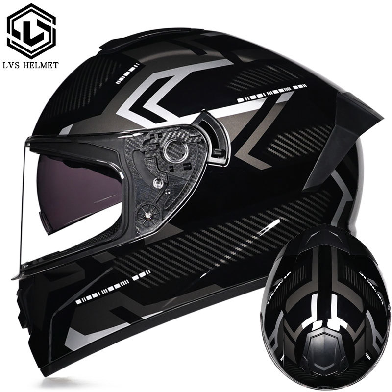 Coche eléctrico con casco completo, casco completo de otoño e invierno, coche eléctrico de carreras de imitación, coche eléctrico masculino, caballero, doble lente, cola larga