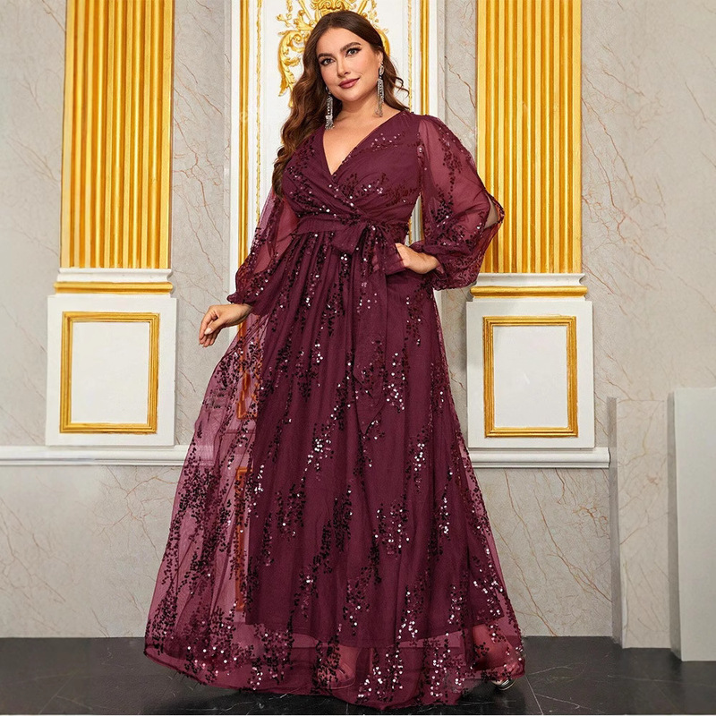 Cross-border New Arrival plus size dress Sequins Sexy V-neck Lantern Sleeve Dress Elegant Banquet Evening Dress
