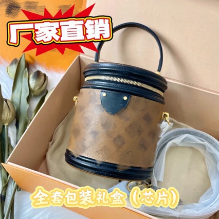 新款真皮女包老花发财桶水桶全套礼盒芯片单肩斜挎包