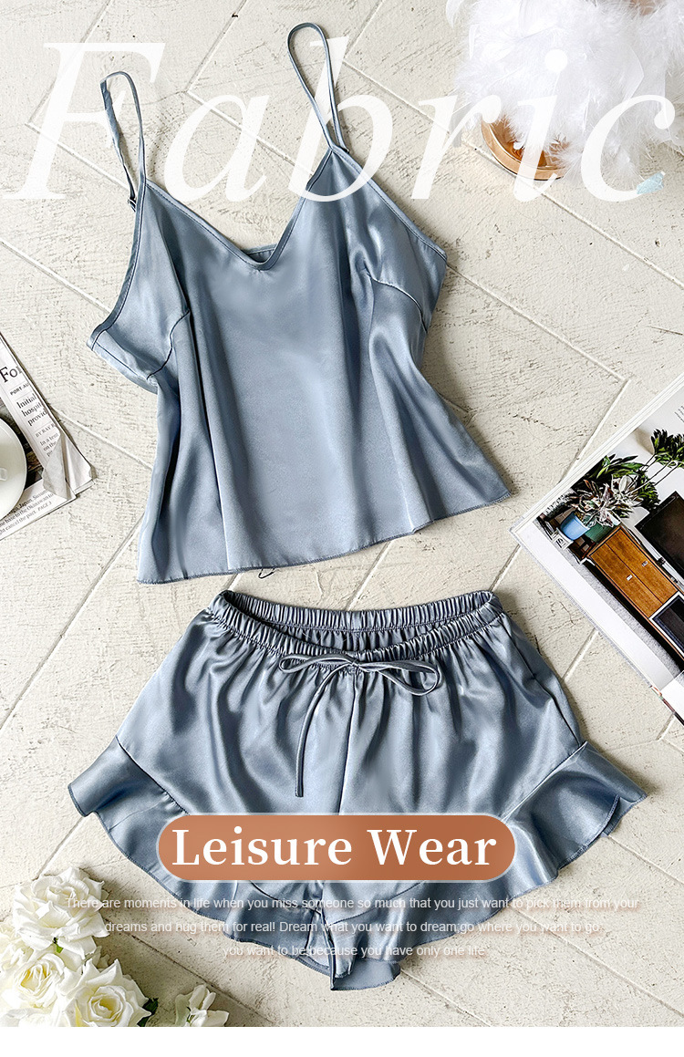 98g Weight Sleeveless Sleeve Length Pajamas Lingerie Type Home Women's Casual Solid Color Imitated Silk Polyester Shorts Sets Pajama Sets