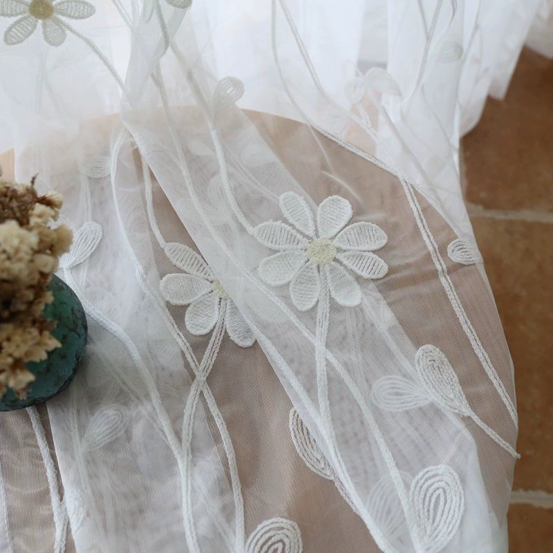 High-end embroidered white gauze curtain retro literary semi-black curtain gauze luxury living room balcony partition gauze curtain curtain