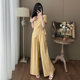 Casual Sports Suit for Women, Summer Fashion Design, Niche Temperament, Slimming Solid Color Short-Sleeved Wide-Leg Pants Two-Piece Set