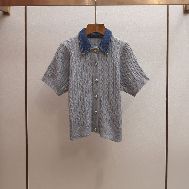 Shenzhen Nanyou High-End Women's Spring and Summer Korean-Style Youthful Denim Patchwork Turn-Down Collar Ribbed Short-Sleeve Knit Top