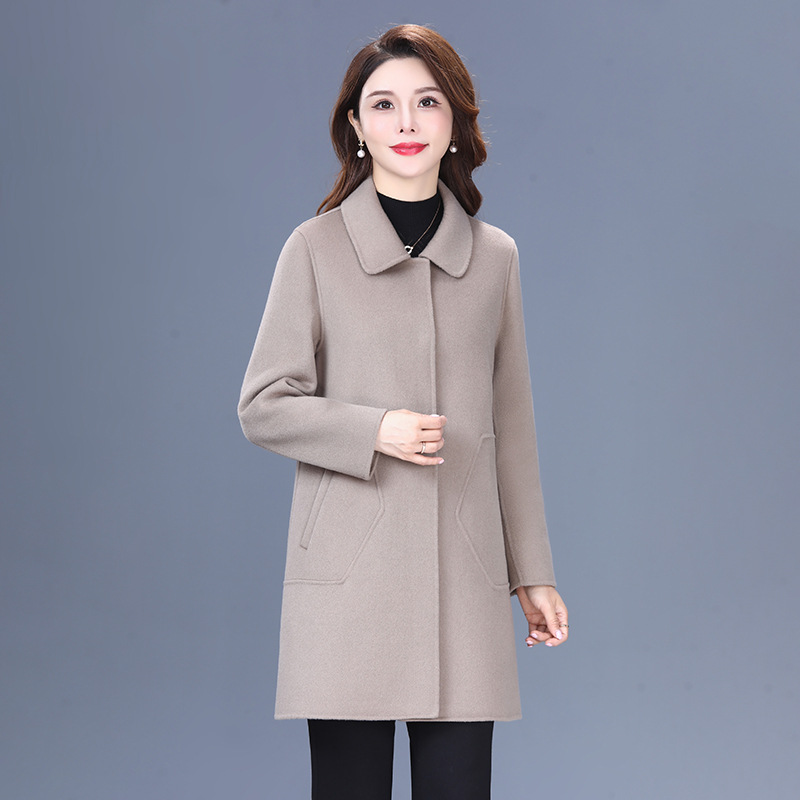 중간 길이의 양면 트위드 코트 여성의 2024 가을과 겨울 새로운 순수 울 코트 가을과 겨울 따뜻한 시어머니 느슨한 플러스 사이즈