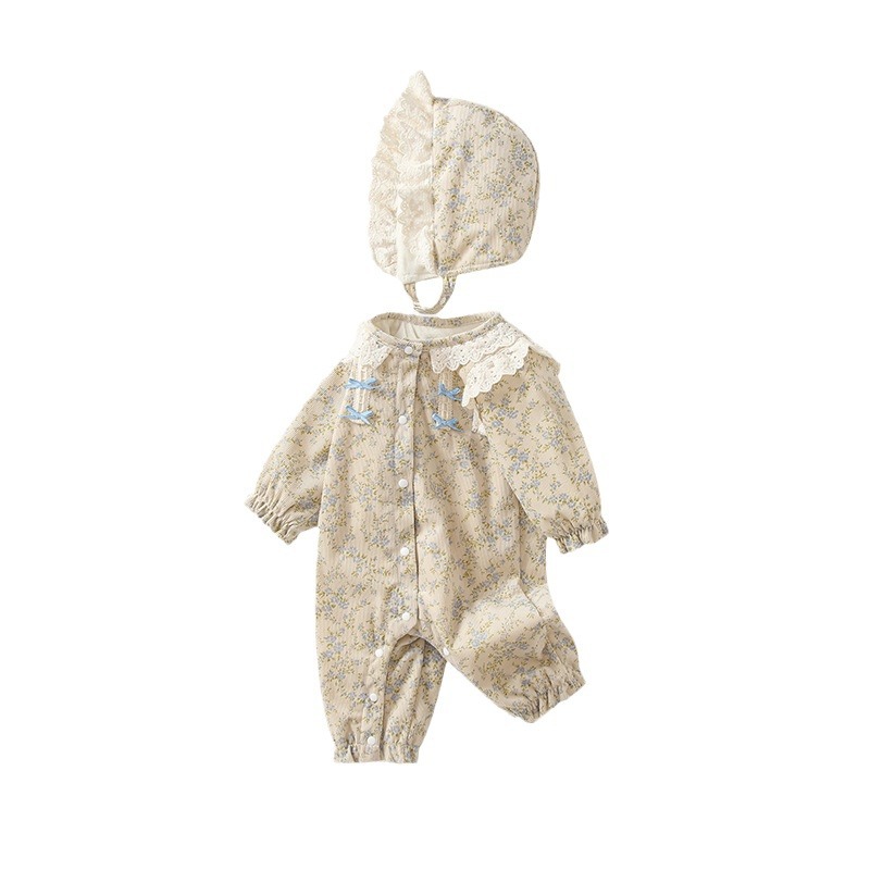 Ropa de recién nacido otoño e invierno 2025 estilo pastoral mono de bebé categoría a ropa de gateo para niña con forro polar floral ins.