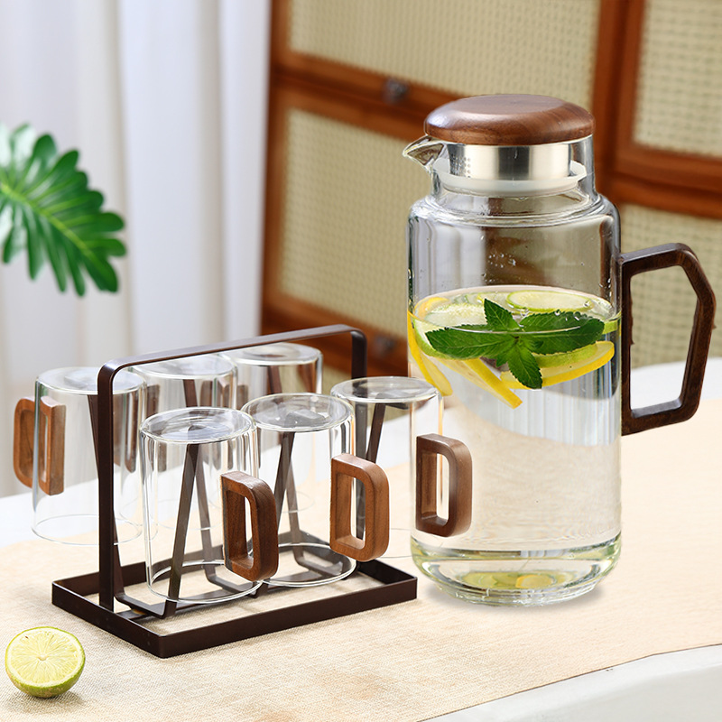 Botella de agua fría de vidrio, taza de agua, olla fría de madera de vidrio para el hogar, olla de té retro resistente al calor, taza de té, juego de agua image 16