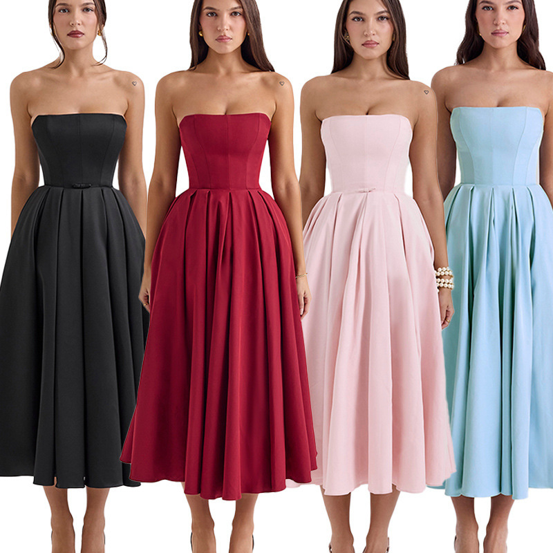 Summer Sexy Women's Clothing, High-End Fishbone Tube Top Dress, Pure Lusty Sexy Slim-Fitting Backless Mid-Length Skirt