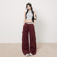 枣红色工装牛仔裤女夏季2025新款美式多口袋宽松显瘦休闲阔腿长裤