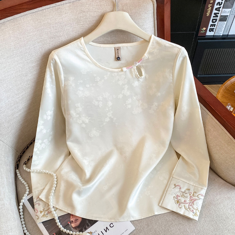 桑蚕丝新中式上衣女高端真丝重工刺绣小衫改良国风提花长袖衬衫秋|undefined
