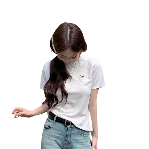 Women's Fitted Short-Sleeve Spring and Summer Korean Style Regular Shoulder Round Neck Butterfly Knot Design Fitted and Slimming T-Shirt