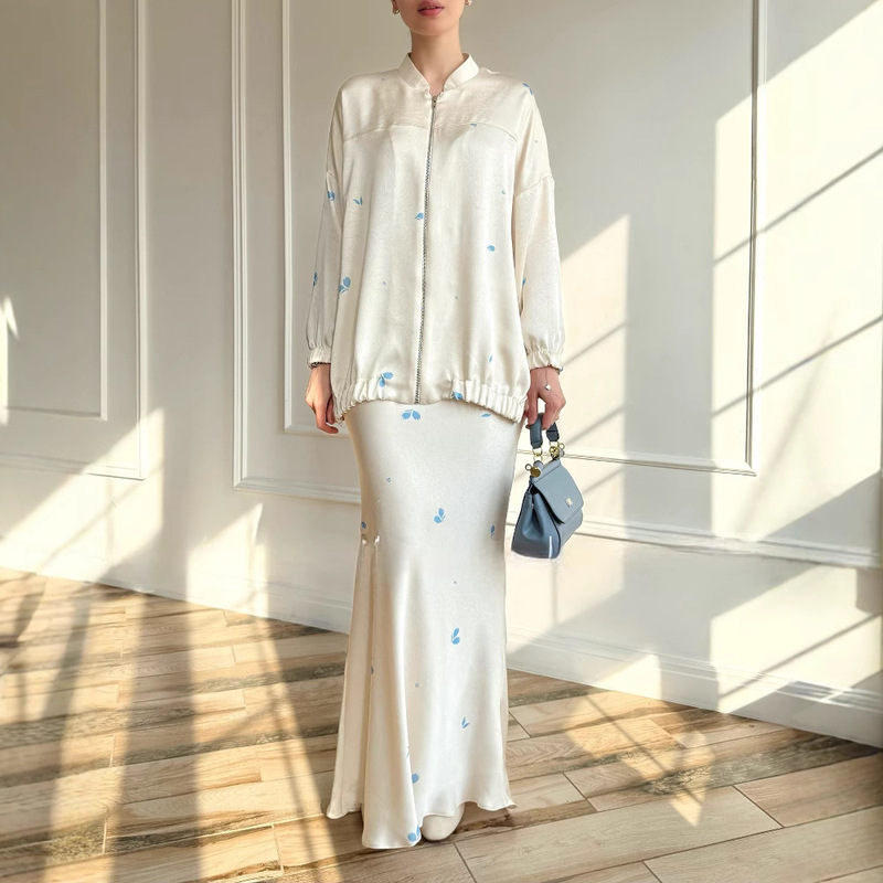 In Stock 2025 New European and American Cross-Border Foreign Trade Women's Fashion Printed Satin Long-Sleeved Jacket and Skirt Fashion Set