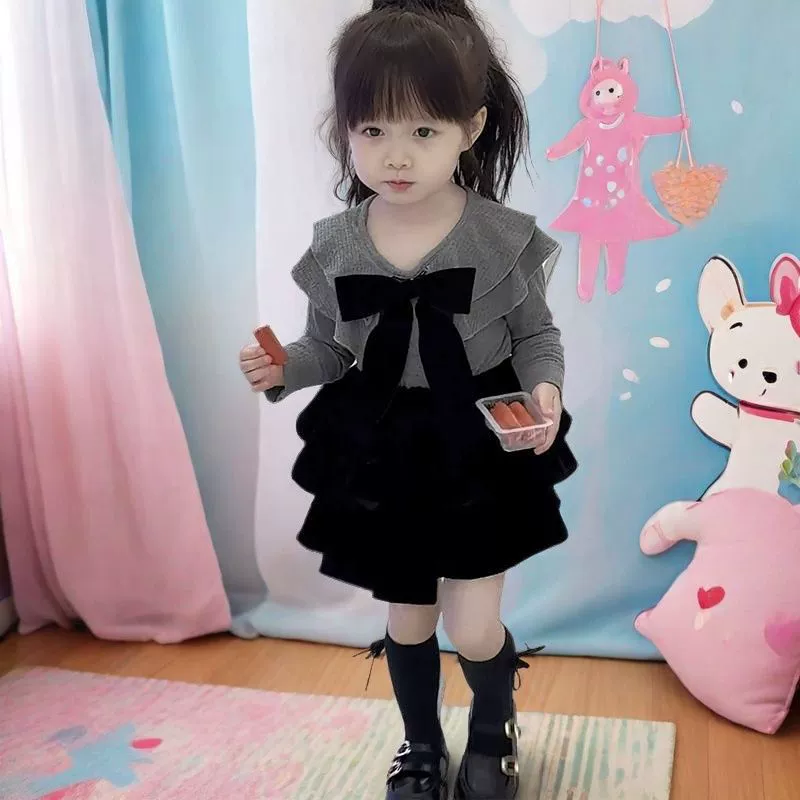 Детский костюм для девочек в корейском стиле, вдохновленный Chanel: топ с бантом и пышная юбка-пачка, модный комплект из двух предметов.
