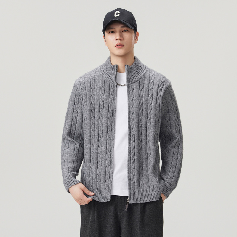 Anyang 2026 Autumn/Winter New Men's Cable Knit Cardigan with Stand Collar, Zipper, Casual Half-High Collar Sweater Jacket for Cross-Border Sales