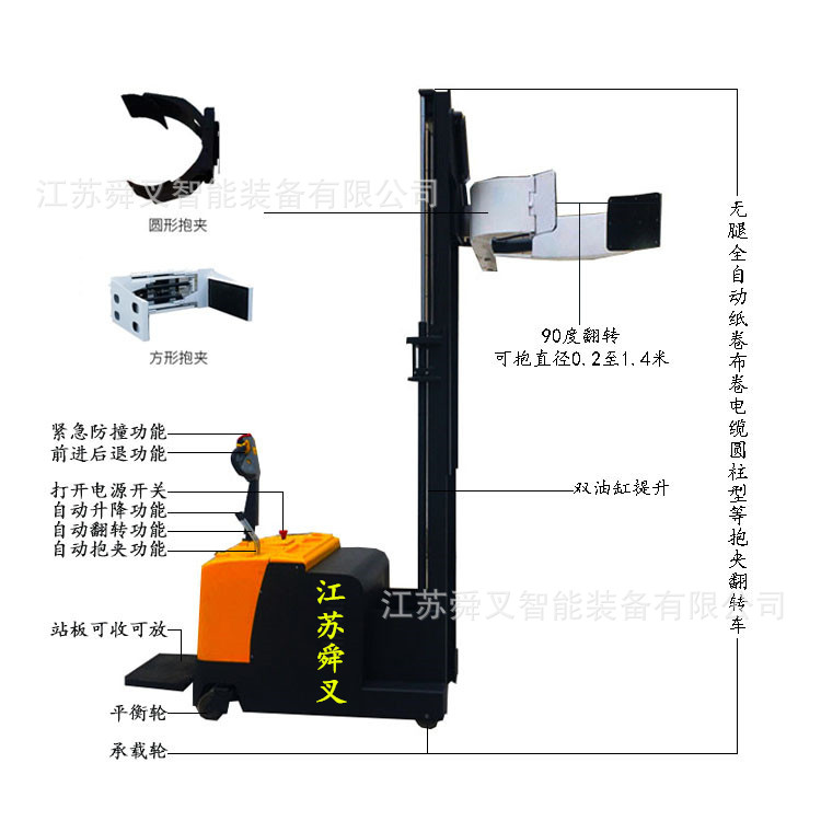 无腿全自动夹抱90度翻转车圆型方型电动抱夹升降机电瓶堆高装卸车