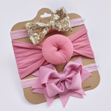 亚马逊跨境欧美弹力尼龙头带3个蝴蝶结发箍亮片儿童头饰婴儿发带