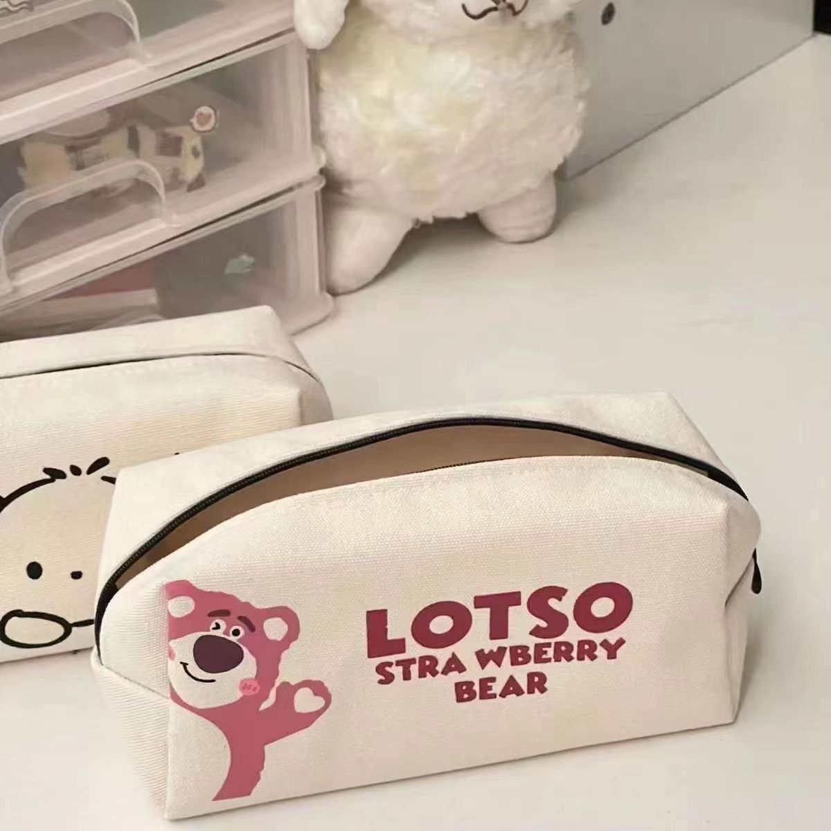 Bolsa de lápices de perro Pinta Bolsa de lápices de oso de fresa linda Red de Internet Bolsa de papelería de escuela primaria de gran capacidad Bolsa de almacenamiento