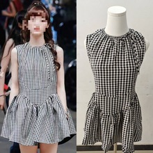 长期现货2025夏田曦薇明星同款格纹高腰无袖短款蓬蓬裙娃娃连衣裙