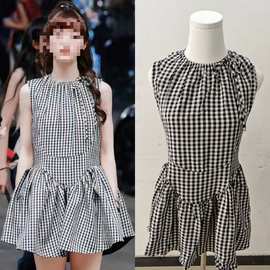 长期现货2025夏田曦薇明星同款格纹高腰无袖短款蓬蓬裙娃娃连衣裙