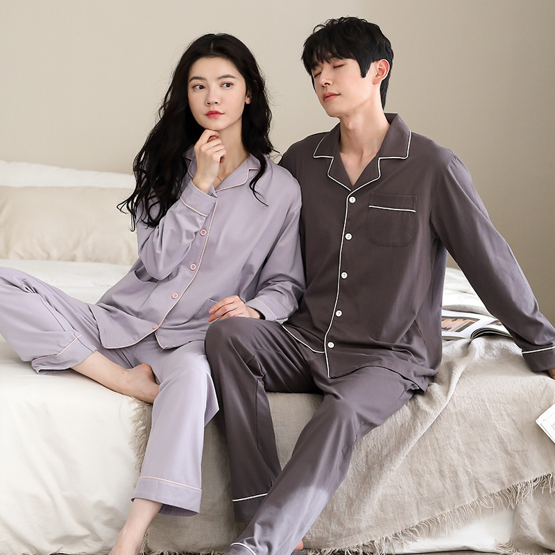 Couple's Pajamas for Spring and Autumn, Simple Solid Color Lapel Cardigan, Long-Sleeve and Long-Pants Set, Unisex Pure Cotton Couple's Loungewear